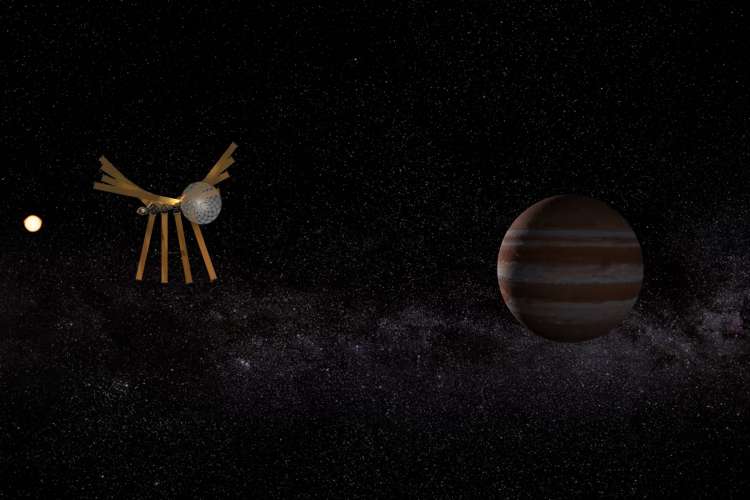 Aerospace’s artist rendering provides a close-up view of the spacecraft flying past the orbit of Jupiter, where it will shed its solar sail panels and fly out towards the solar gravity focal line.